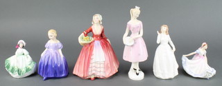 Six Royal Doulton figures - Columbine HN2185 7", Sunday Best HN3218 4", Minette HN3125 3 1/2" Joy HN3875 5", Marie HN1370 5" and Janet HN1537 6" 