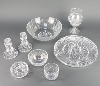 A cut glass fruit bowl 10", a pair of candlesticks and minor table glassware