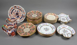 A 19th Century Davenport part dessert service comprising 6 plates, 1 tazza and 2 tazza tops,   , minor 19th Century china and 2 ironstone jugs with serpent handles 