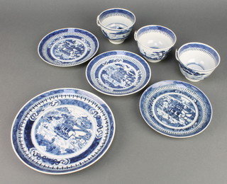 A 19th Century style Chinese part tea set comprising 3 cups, 3 saucers and a plate
