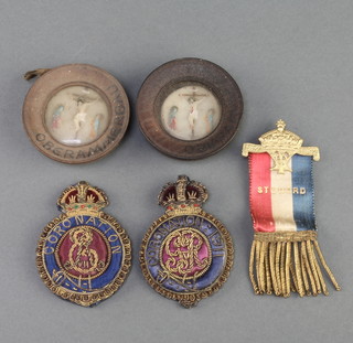 A Victorian 1897 gilt metal and silk steward's badge, a George Kenning & Sons gold wirework Edward VII Coronation badge, do. George V 1911, 2 Oberammergau "wax" plaques decorated the crucifixion 2" 