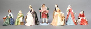 A Royal Doulton figure Henry VIII HN3458 no.1486/9500 10", Catherine Parr HN3450 no. 2752/9500 6 1/2", Anne Boleyn HN3232 no. 6206/9500 9",  Katherine of Aragon HN3233 no. 2495/9500 7", Katherine Howard HN3449 no.3160/9500 9", Jane Seymour HN3349 no.3567/9500 9" and Anne of Cleves HN3356 no.328/9500 6 1/2", all boxed with certificates 