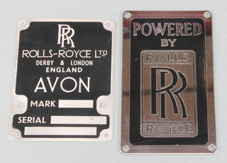 A Rolls Royce Engine plaque - removed from a British Airways Comet marked Rolls Royce Avon Mark 208, the reverse marked BA39875 together with 1 other Rolls Royce engine plaque marked Powered by Rolls Royce
