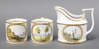 A 19th Century Spode  style cream jug and 2 coffee cans with gilt floral decoration and panels of country landscapes 