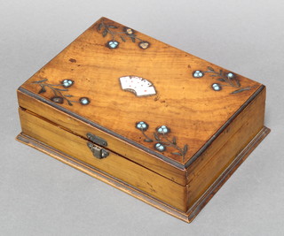 A Victorian rectangular olive wood box the lid decorated 4 playing cards and floral turquoise enamelled  decoration, the interior fitted a pack of Boddington's cards, 2 bridge blocks, 2 whist markers and 2 Bezique markers 
