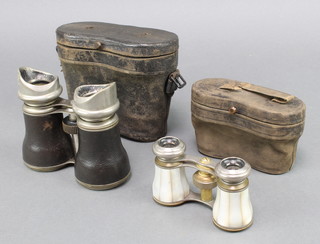 A pair of gilt metal and mother of pearl opera glasses with leather carrying case together with a pair of binoculars marked 8 Lenses 