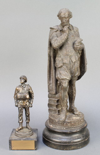 A Victorian spelter figure of Shakespeare on a socle base 14" and a bronze figure of a Paratrooper raised on a marble base 8" 