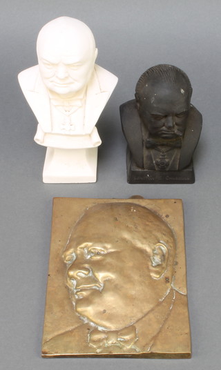 A gilt bronze portrait plaque of Winston Churchill 7 1/2" x 5 1/2" and a plaster head and shoulders bust of Winston Churchill 7" and a black composition ditto 5 1/2" 
