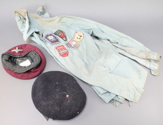 A J.C.S. & W Ltd red beret with parachute regiment badge, a sailors cap with HMS Pactolus cap tally (some moth), a cloth jacket with a Garmisch Partenkirchen Olympic Games badge and various other cloth badges (some moth) 