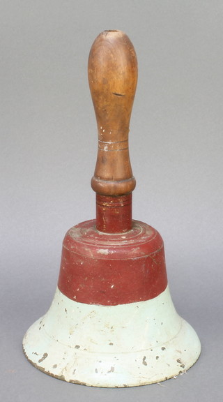 A painted brass hand bell with turned wooden handle 10" 