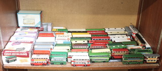 Five Great British bus models boxed, a Matchbox model of Yesteryear Y10 and a collection of model buses, trams and motorcoaches 