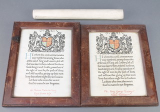 Two First World War posthumous illuminated certificates to Corporal Thomas Frederick Leary Royal Sussex Regt. and Private Percy George Leary Royal Fusiliers contained in oak frames 9" x 6 1/2" together with a William IV Royal Humane Society certificate to Samuel Fielder who's courage and humility in plunging into the River Kennel on the 21 June 1861, to the relief of a young man who he saved from drowning 18" x 12" 