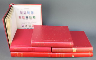 Six red albums containing Falkland Island mint stamps, first day covers, Great Britain, Canada, Europe, St Vincent, Turks & Caicos Islands, Barbados, The West Indies Papua New Guinea etc 