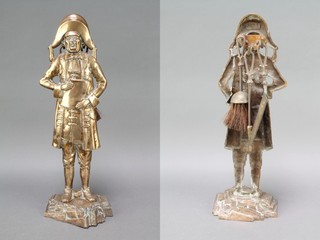 A Dutch brass fireside companion set in the form of a standing town cryer with brush, poker and shovel 22" x 8" x 8"