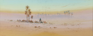 H Tomlinson, watercolour signed, desert scene with camels and figures and distant buildings 9 1/2" x 23 1/2" 