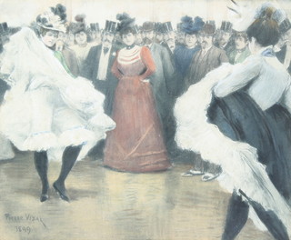 Pierre Vidal 1899 coloured print, group of ladies and gentleman watching dancers 10" x 12 1/2" 