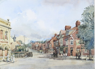 Ainley, watercolour signed, a village scene with figures, Ashtead Surrey  11 1/2" x 15" 