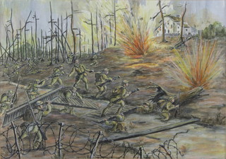 V Sprawling, mixed media, signed and dated '98, 'One November Morning - 2nd Battalion Royal Sussex Regiment Storming the Locke House, 4th November 1918' with label on verso 11" x 16" 