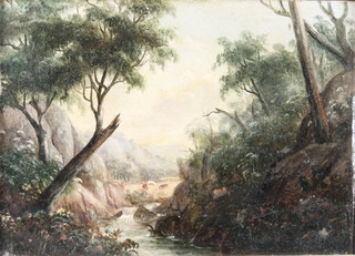 19th Century oil on panel, unsigned, a rocky ravine with stream and distant cattle 4" x 5 1/2" 