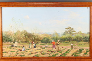 Henry Boatwright, oil on board, signed, extensive country landscape with figures gathering crops 16" x 28" 