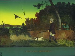 Erica Allen, modern reverse painting on glass, pheasant shooting, contained in a Hogarth slip mount 7 1/2" x 9 1/2" 