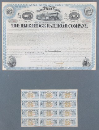 Share certificates - The Blue Ridge Railroad Company 1869 23" x 17" 