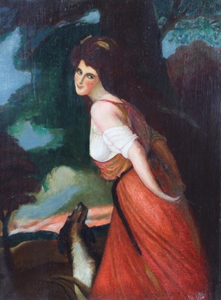 A 19th Century oil on canvas, unsigned, study of a lady with hound at sunset 15 1/2" x 11 1/2" 