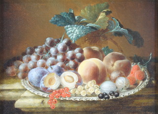 19th Century Continental oil on canvas, unsigned, still life of a silver platter of exotic fruits with insect on a marble shelf 11" x 15" 