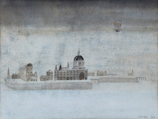 F Folkes, 1956, watercolour, stylish view of the Thames with air balloon and occupants 10 1/2" x 13 1/2" 