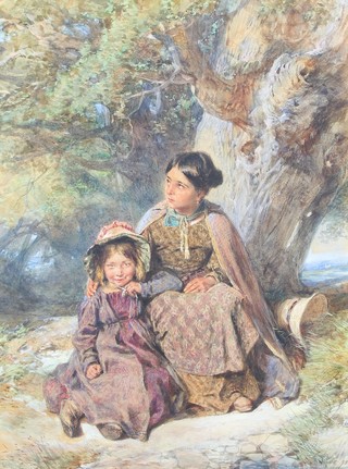 W H Hunt, watercolour, mother and daughter sitting beneath a tree with distant town, inscribed on verso 21" x 15 1/2" 