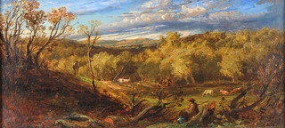J Linnell 1856, oil on canvas, signed and dated, extensive country landscape with figures and cattle 8" x 17 1/2" 