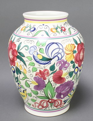 A large Poole Pottery oviform vase decorated with exotic birds amongst flowers by N Blackmore 13" 