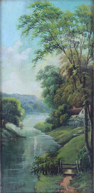 M Herbert '86, oil on board indistinctly signed and dated, river landscape 18 1/2" x  9" 