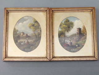 Van Holt , oils on copper, signed Continental landscape studies with figures, ovals, 3" x 2 1/2" 