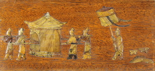 A pair of Japanese soapstone and hardwood panels depicting a landscape with pavilion 5" x 18" and figures in procession 8" x 17 1/2" 