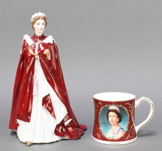 A Royal Worcester figure in celebration of the Queens 80th birthday 2006 9" and a Coalport commemorative Golden Jubilee mug 2002 3915/5000