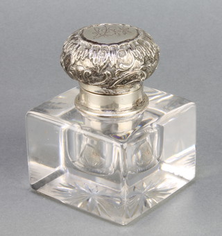 An Edwardian silver plated mounted square glass inkwell 4" 