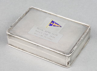An engine turned silver and enamel snuff box with presentation inscription Royal Aero Club Kings Corp. 1936. William Humble. Birmingham 1936, 142 grams 3 1/4" x  2. 1/4" 