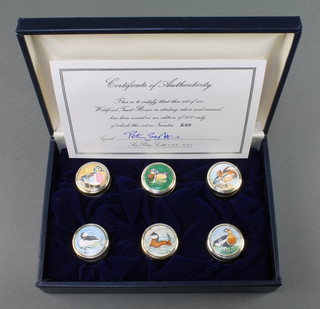 A set of 6 silver and enamelled Wild Fowl Trust boxes London 1978 no.255/500, 165 grams together with a certificate of authenticity signed by Peter Scott 