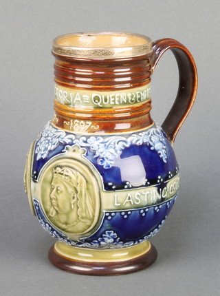 A Doulton Lambeth commemorative jug 1837-1897 with silver collar 6 1/2" 