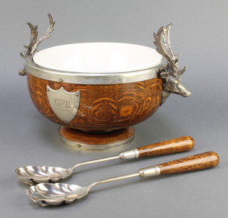 An Edwardian silver plated mounted oak salad bowl with stag handles and servers