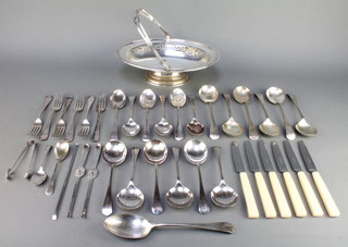 A silver plated swing handled basket and minor cutlery 