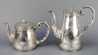 An Edwardian silver plated chased coffee pot and teapot 