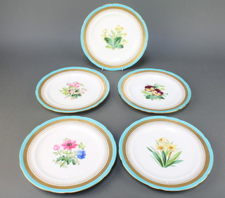 Five Edwardian Minton dessert plates decorated with spring flowers 9 1/2" 