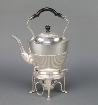 A Mappin & Webb silver plated demi-fluted tea kettle on stand with burner