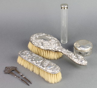 A silver mounted toilet jar London 1927, 2 silver backed brushes and a box 
