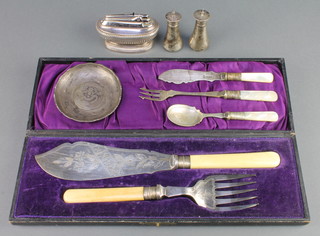 A Chinese silver coin set nut dish, a pair of condiments, cased fish servers, Ronson cigarette lighter and 3 items 