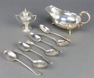 A silver 2 handled trophy cup Birmingham 1929, 6 George IV silver teaspoons London 1822 and an odd spoon, 128 grams