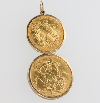 A sovereign 1911 and half sovereign 1890 pendant in a 9ct 2 gram mount 