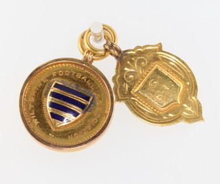 A 9ct yellow gold enamelled sports fob, a chased ditto 10 grams
